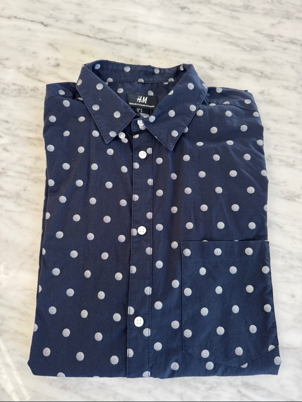 H&M Navy Blue Shirt with White Polka Dots. M